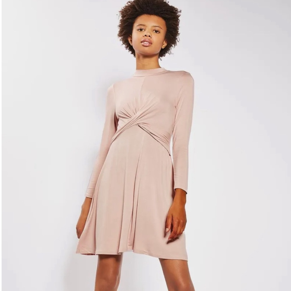 Topshop Petite Twist Front High Neck Blush Pink Jersey Skater Dress